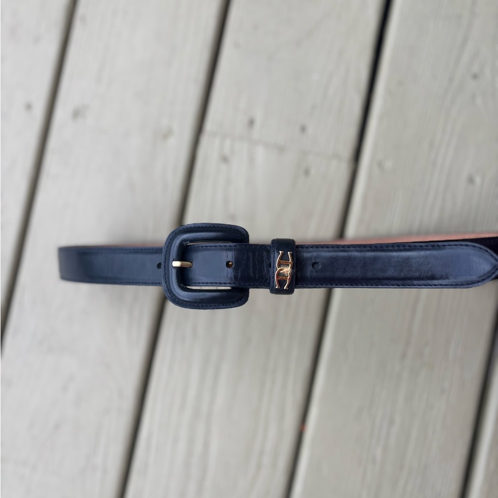 ETIENNE AIGNER Sophisticated 1” width Navy Leather Belt with Gold Buckle, L - Picture 2 of 9